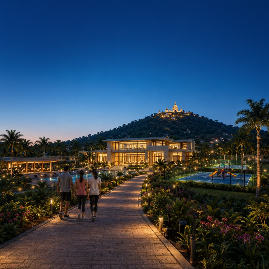 Residents on a landscaped walkway leading to the clubhouse